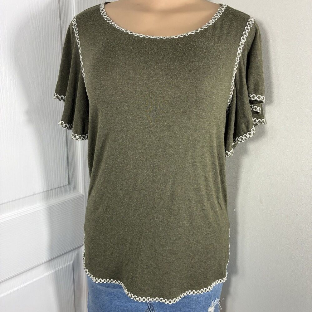 max studio Womens blouse sz M stretch short bell sleeves crochet trim boho